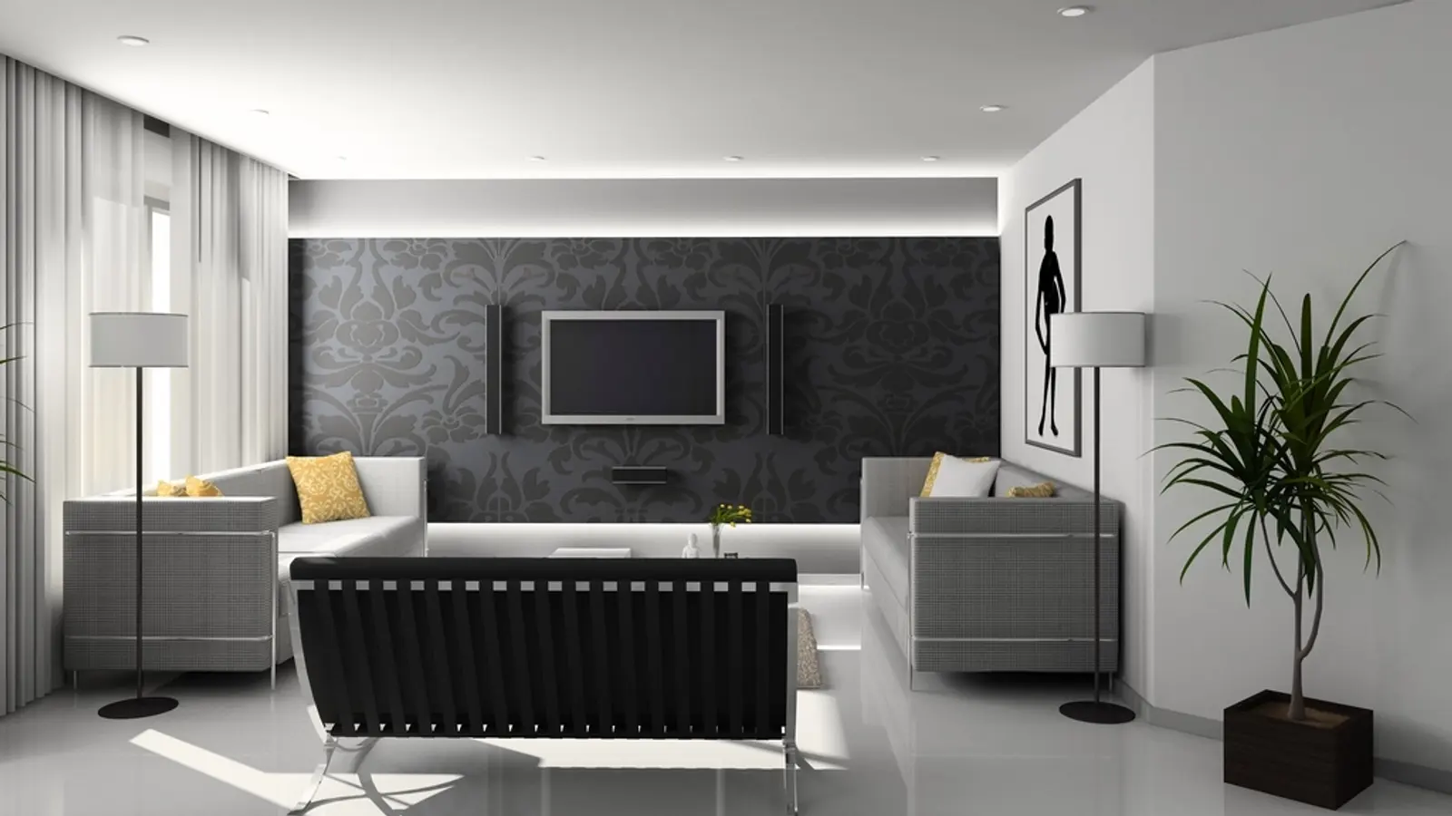 Modernes Wohnzimmer mit Fernseher an der Wand und Sitzgruppe