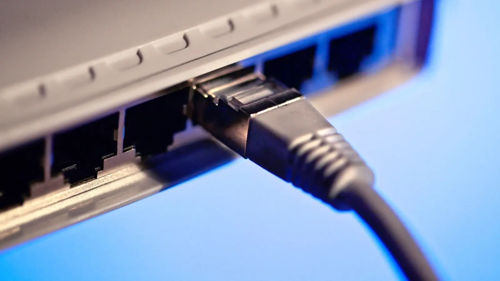 Netzwerkkabel steckt in einem Anschluss eines Routers