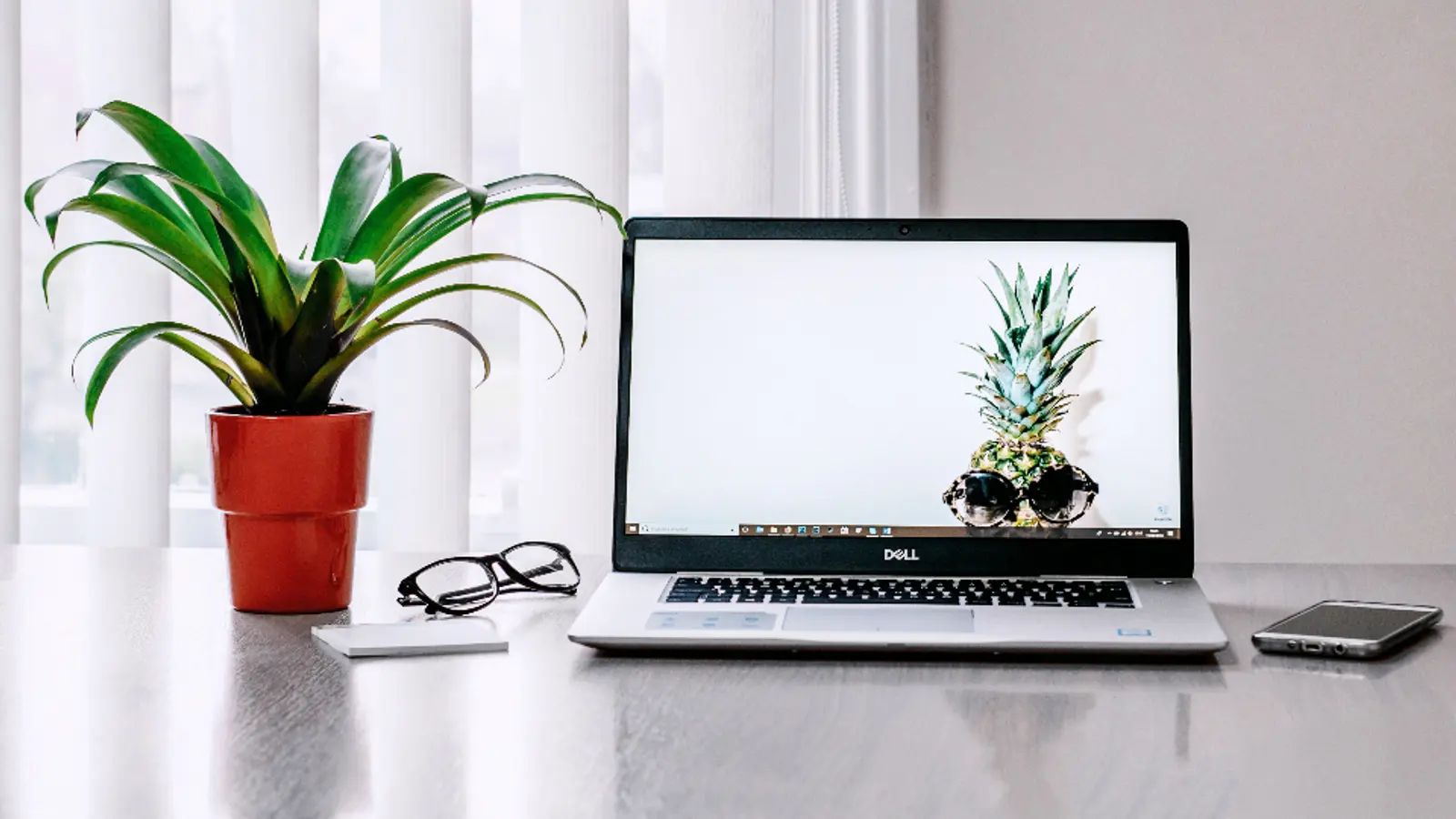Portátil abierto sobre una mesa blanca junto a una planta y unas gafas