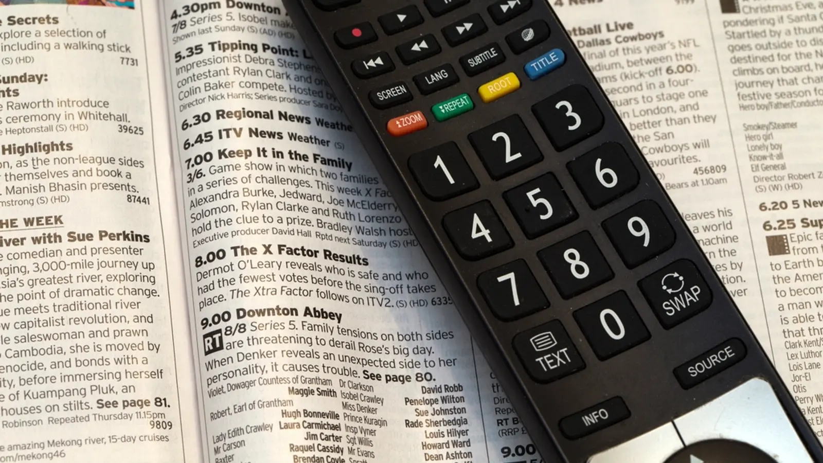 A TV remote lying on a printed page of TV listings