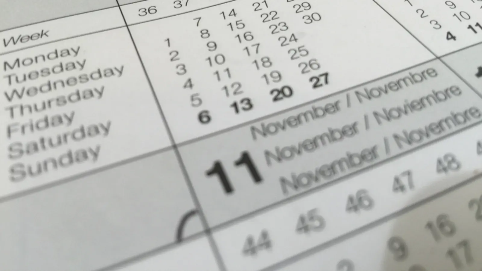 A close-up of a printed calendar showing weekdays and dates